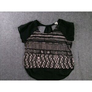 Kirra Blouse Women Small Black Beige Geometric Chiffon Sheer Beachy Summer